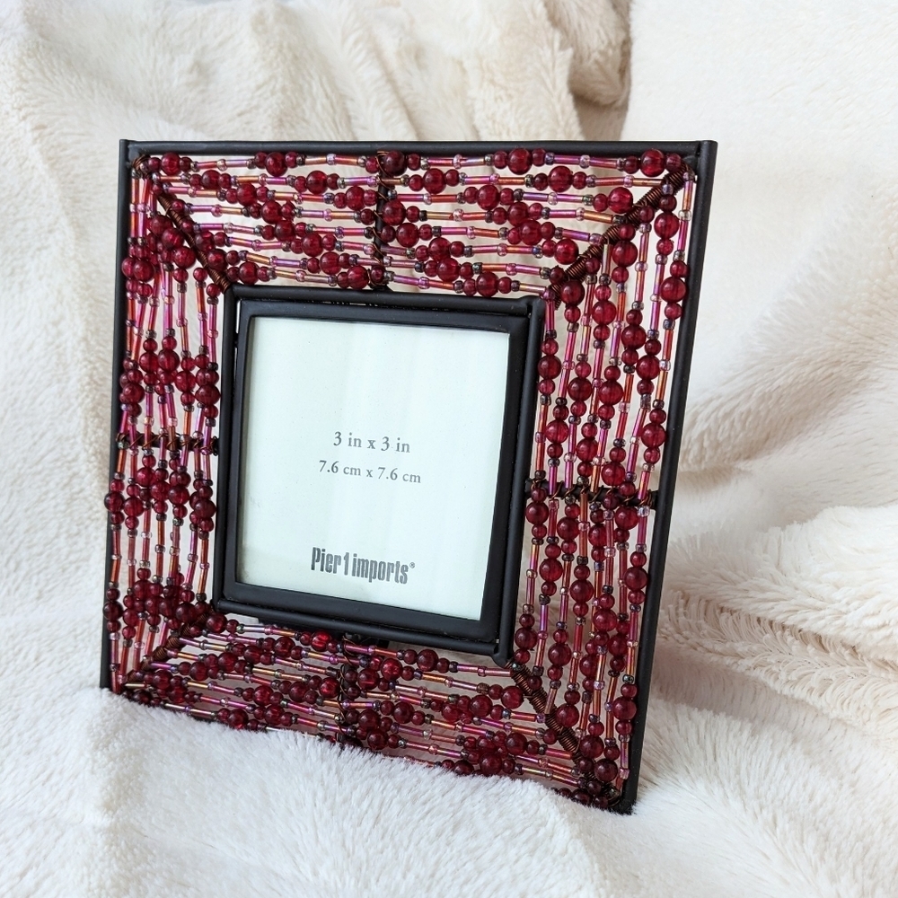 Pier 1 Imports Beaded Maroon Photo Frame Holds 3x3 Photo Collectable unique Gift